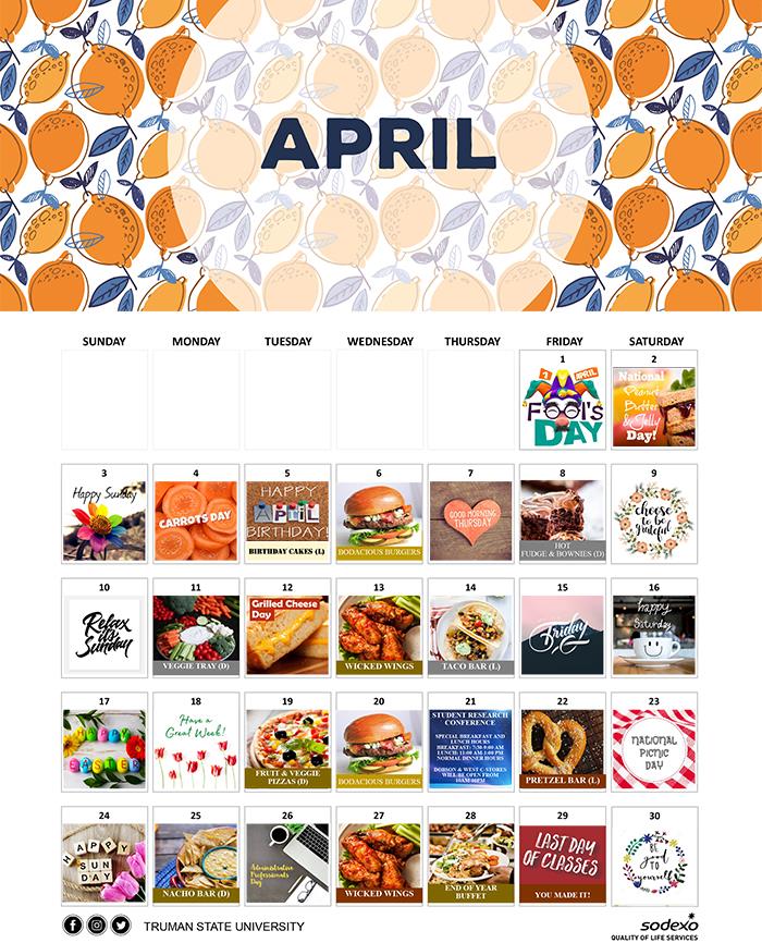 Sodexo Calendar - Vol. 26 No. 28 - April 4, 2022 | Truman Today Calendars